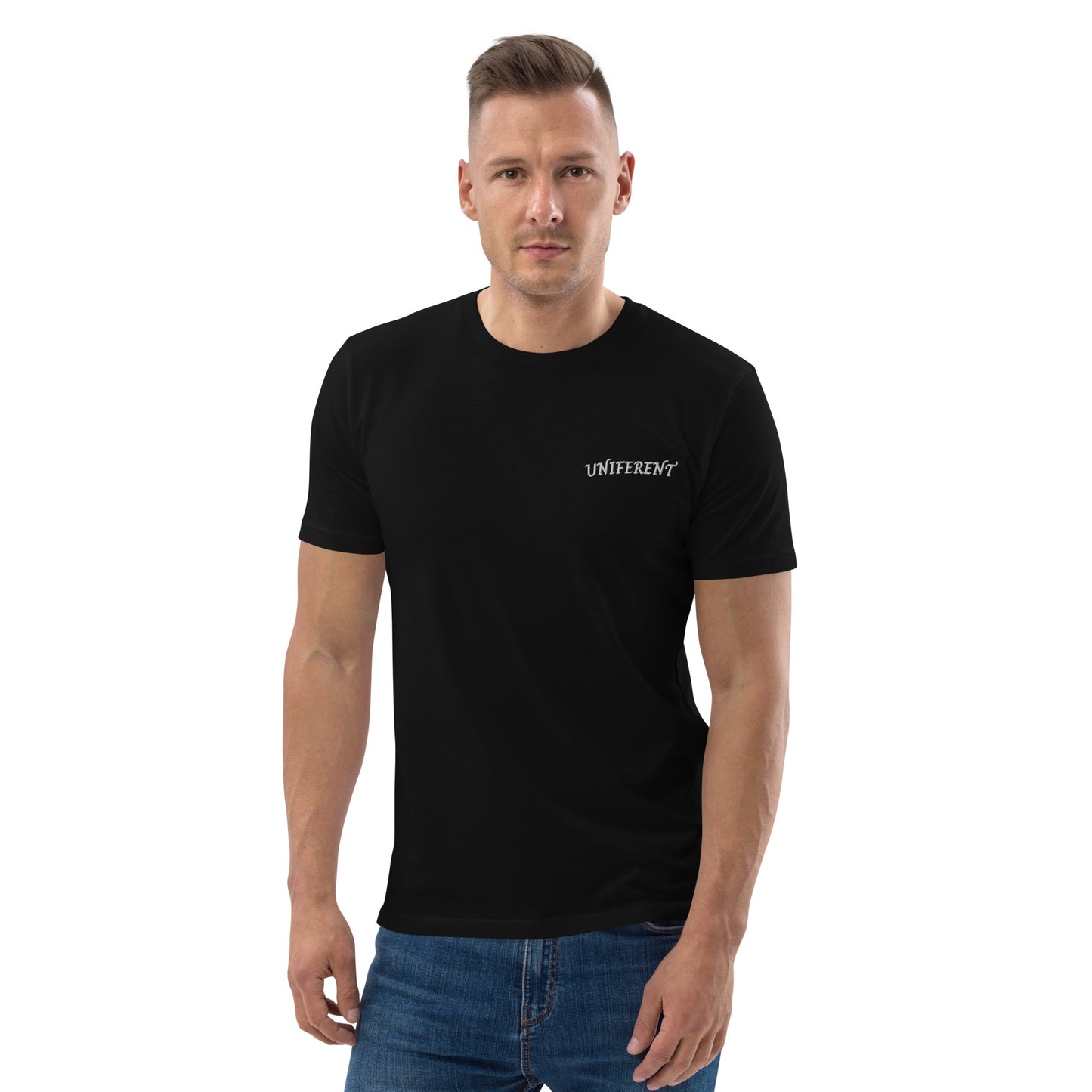 UNIFERENT EMB LEFT Curved Logo Dark Unisex organic cotton t-shirt (132)