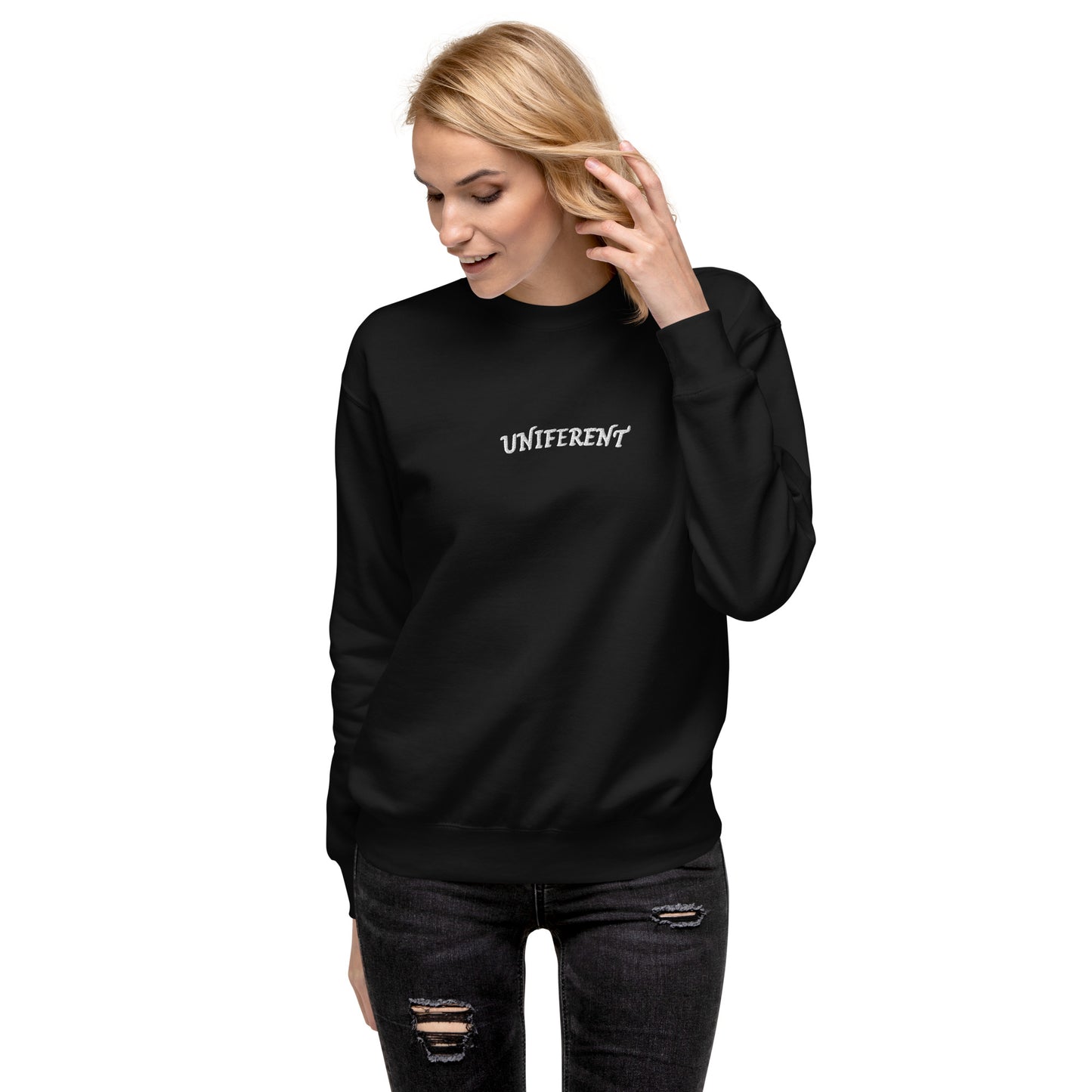 UNIFERENT EMB FULL Centre Small Logo Curved Dark Unisex Premium Sweatshirt (136)