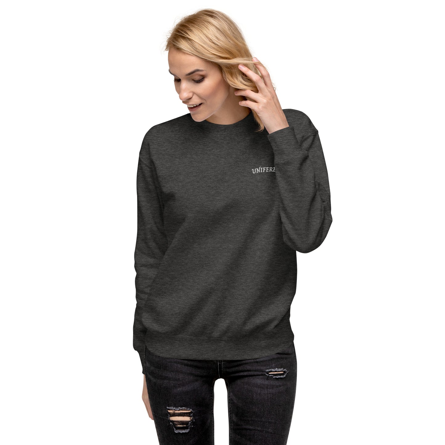 UNIFERENT EMB FULL Left Logo Curved Dark Unisex Premium Sweatshirt (130)