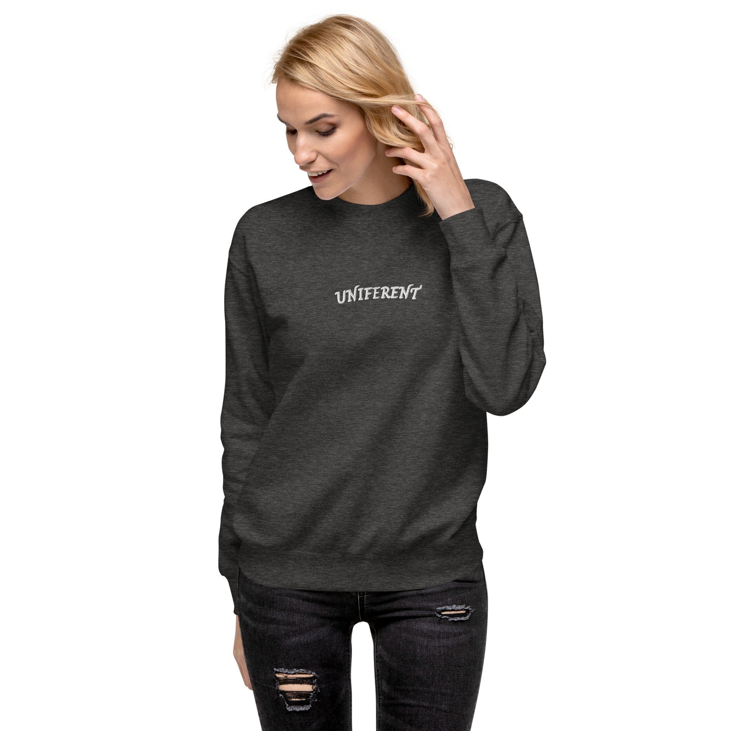 UNIFERENT EMB FULL Centre Small Logo Curved Dark Unisex Premium Sweatshirt (136)