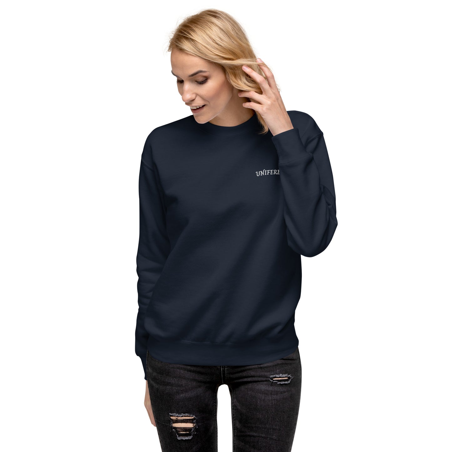 UNIFERENT EMB FULL Left Logo Curved Dark Unisex Premium Sweatshirt (130)